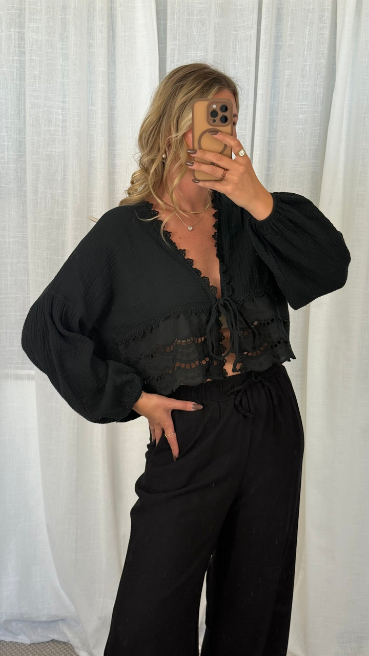 MUSSELIN BLUSE BOHO – Schwarz