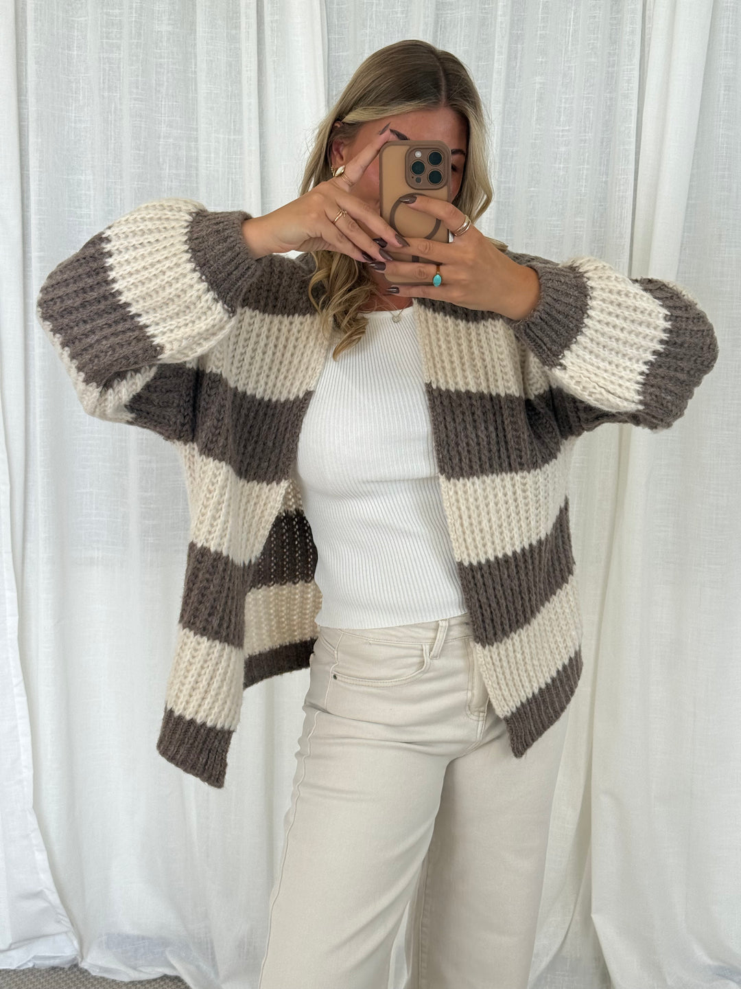 Streifen Cardigan - Taupe/Creme
