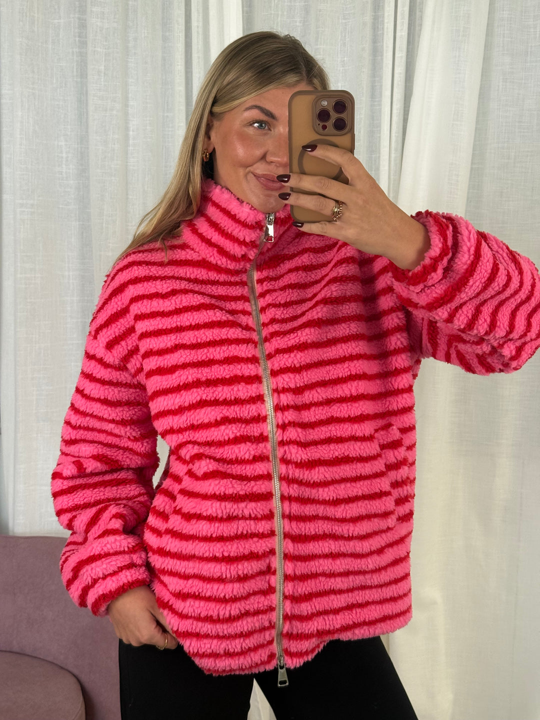 Teddyjacke Streifchen mit Reißverschluss pink/rot gestreift