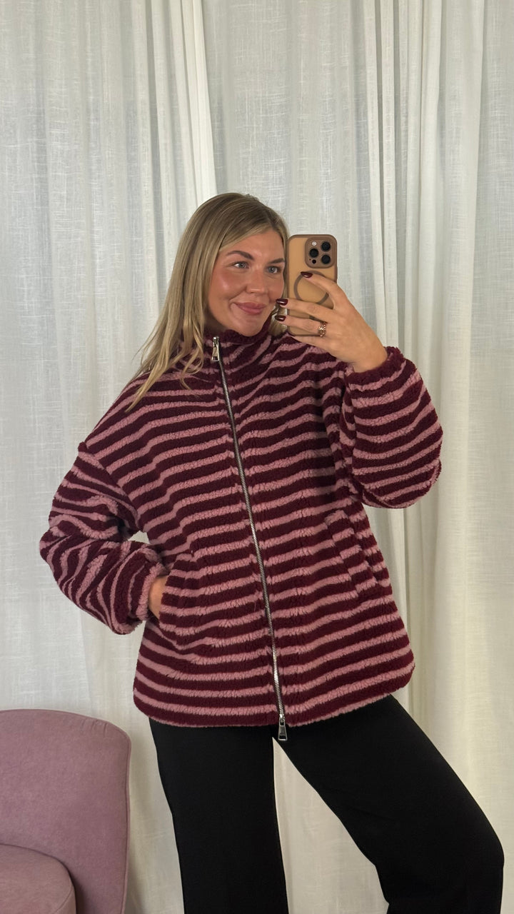 Teddyjacke Streifchen mit Reißverschluss Burgundy/Rosa gestreift