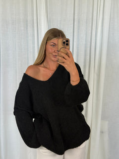 Pullover Fluffy Knit V - Schwarz