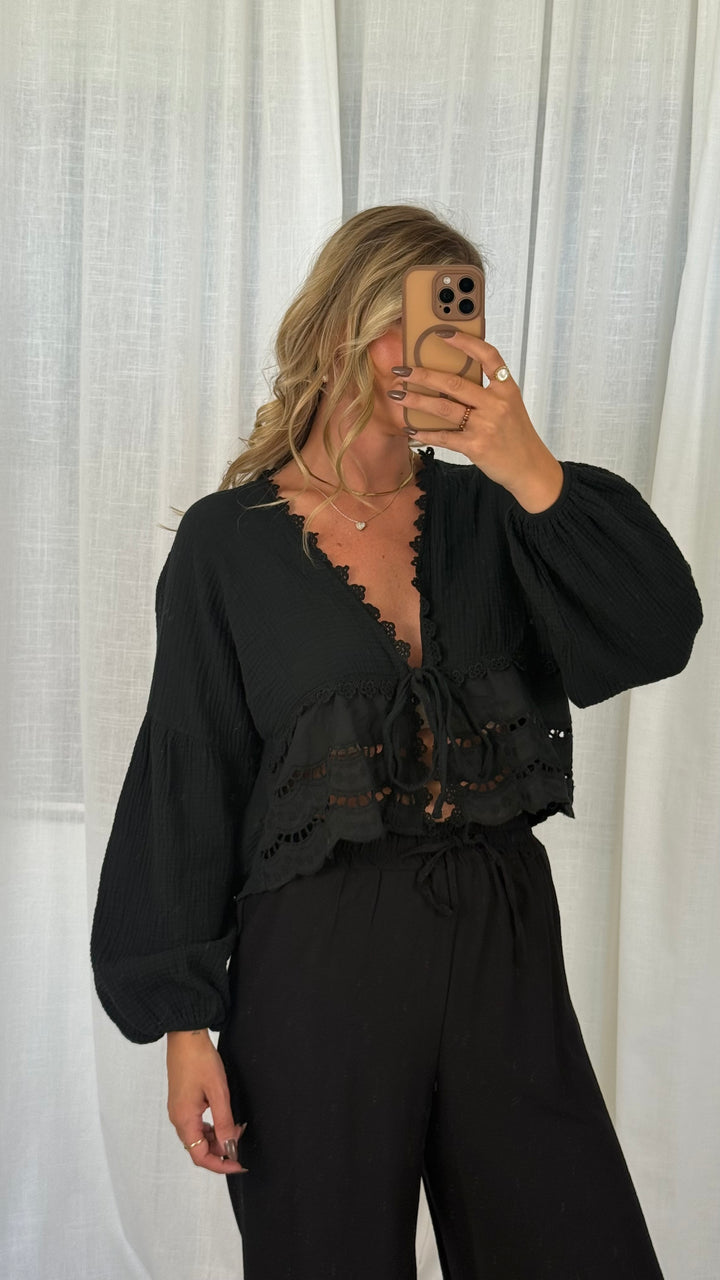 MUSSELIN BLUSE BOHO – Schwarz