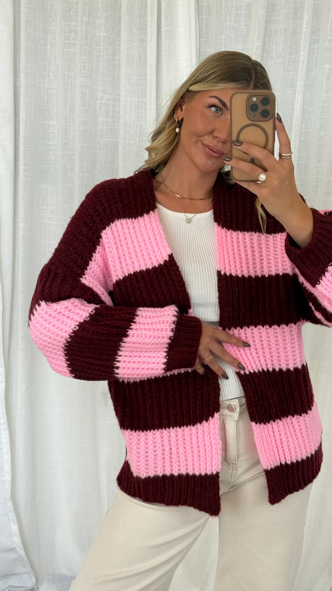 Streifen Cardigan - Pink/Burgundy