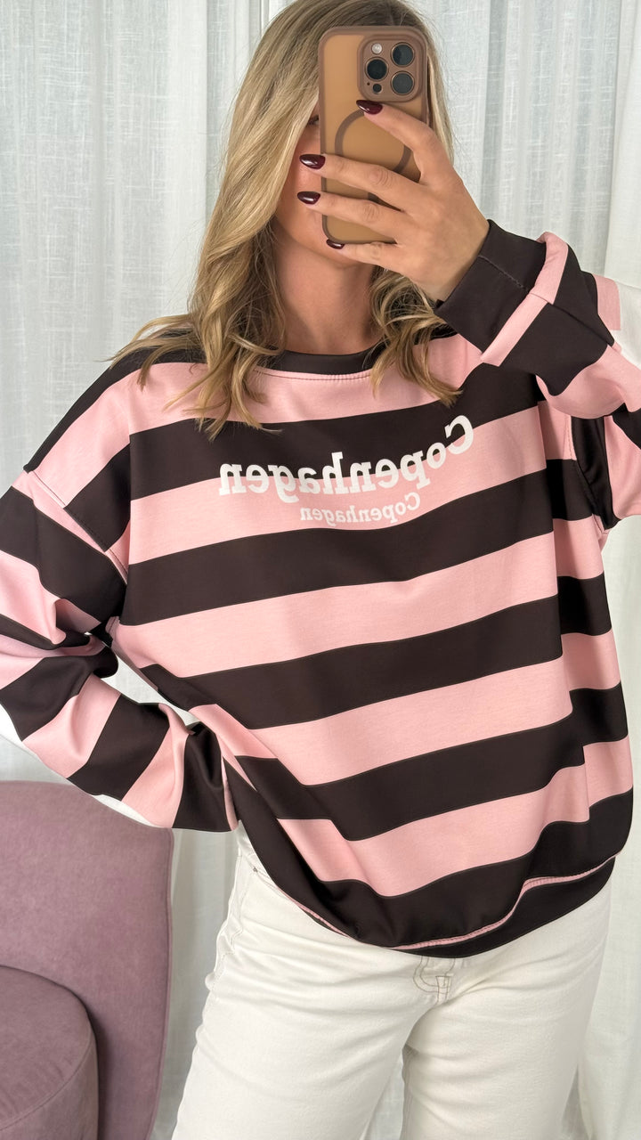 Oversize Sweater gestreift – Rosa &amp; Braun
