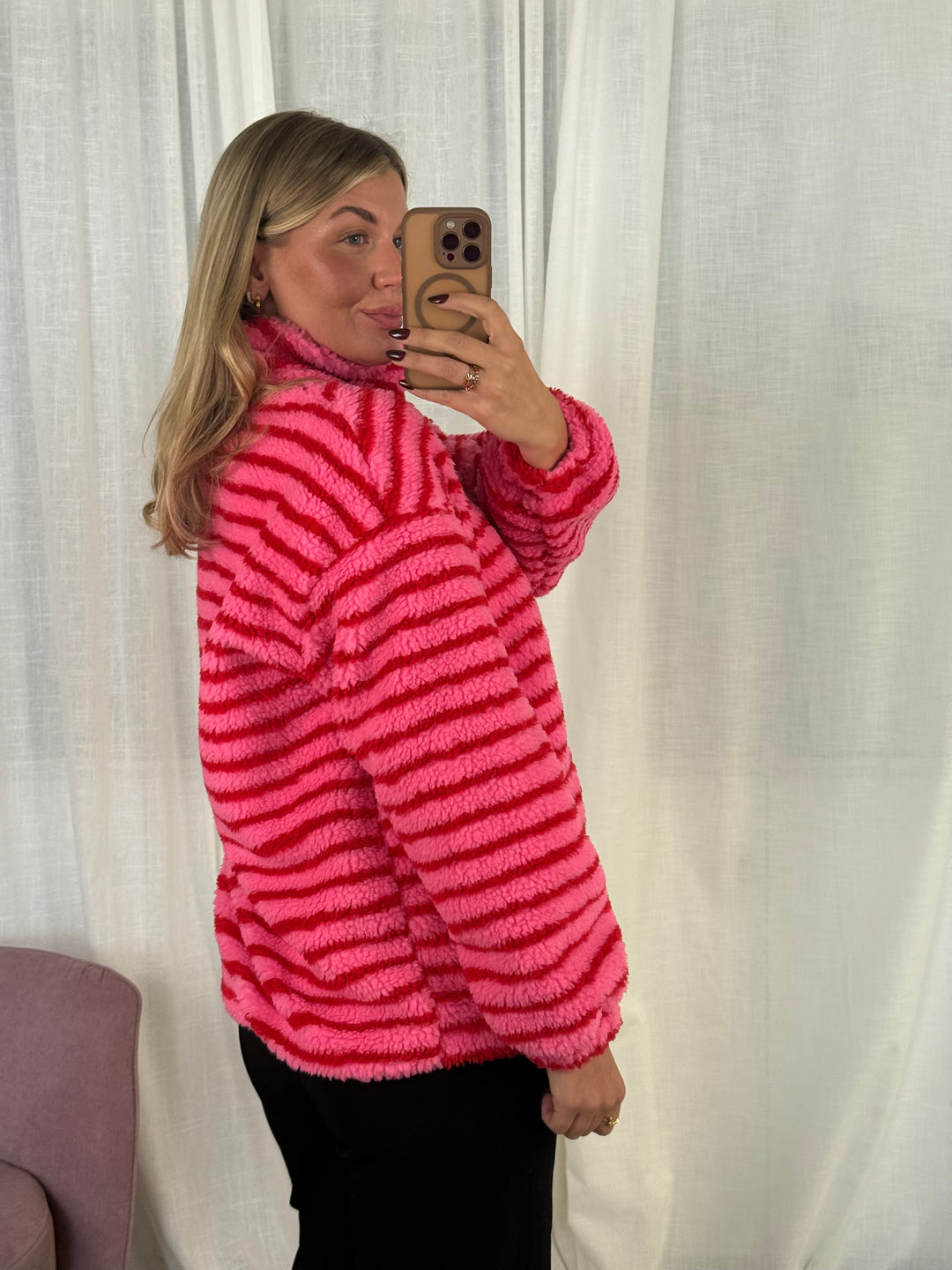 Teddyjacke Streifchen mit Reißverschluss pink/rot gestreift