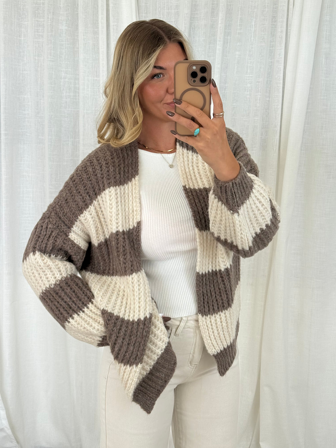 Streifen Cardigan - Taupe/Creme