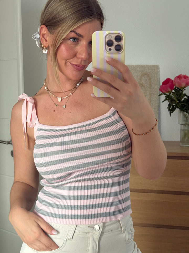 RIPPSTRICK TOP GESTREIFT - ROSA/GRAU