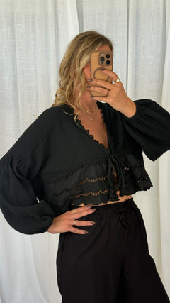 MUSSELIN BLUSE BOHO – Schwarz