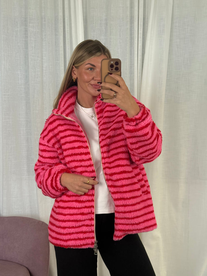 Teddyjacke Streifchen mit Reißverschluss pink/rot gestreift
