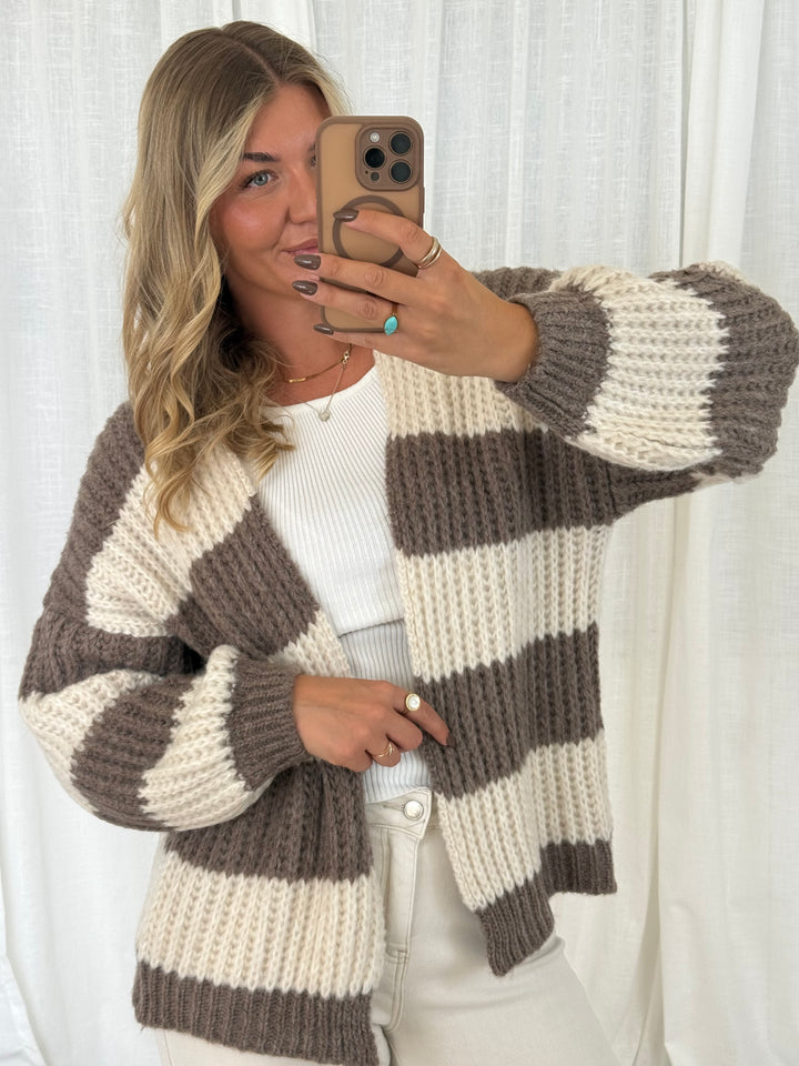 Streifen Cardigan - Taupe/Creme