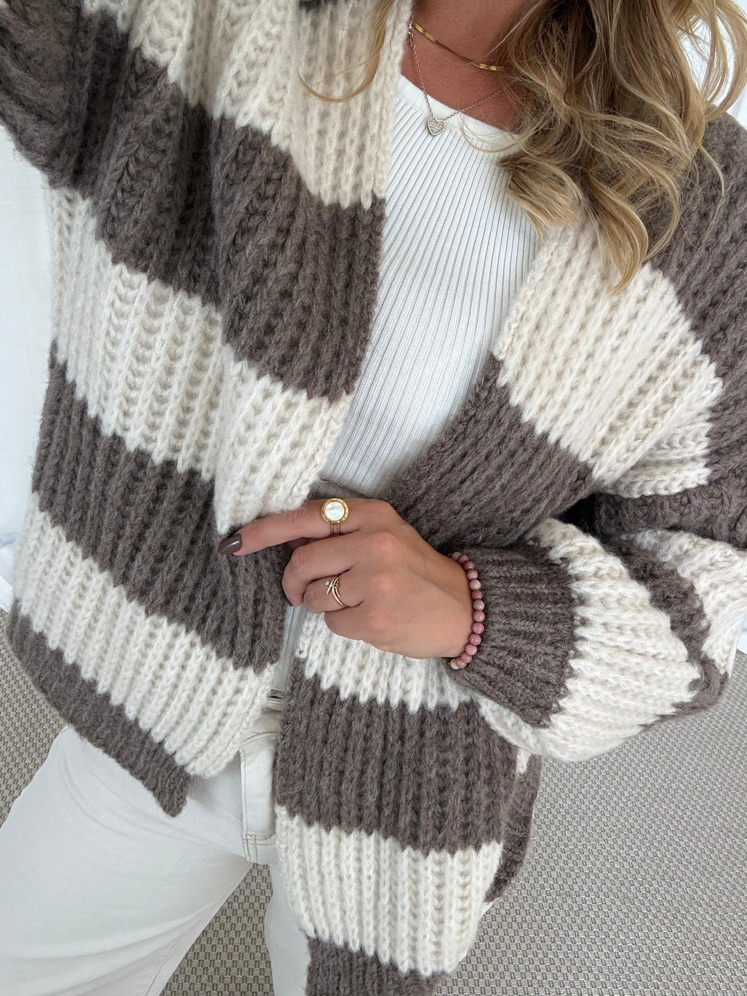 Streifen Cardigan - Taupe/Creme