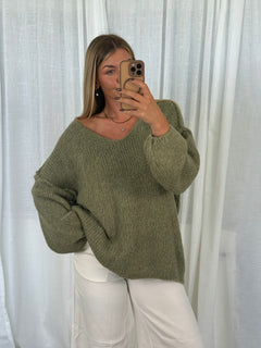 Pullover Fluffy Knit V - Khaki