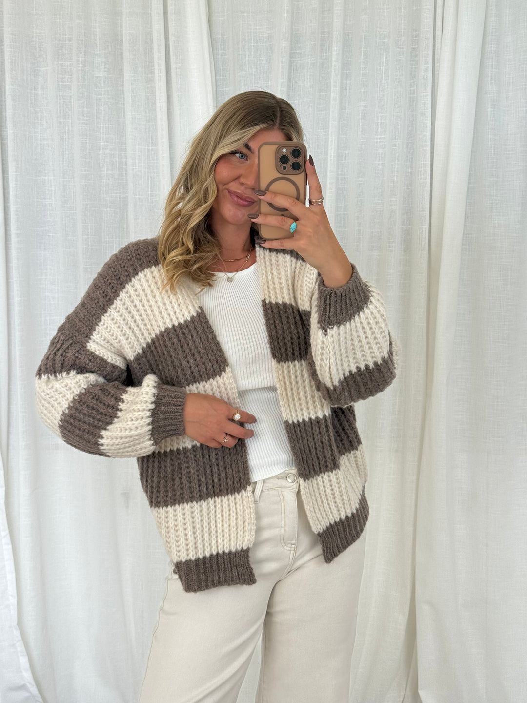 Streifen Cardigan - Taupe/Creme