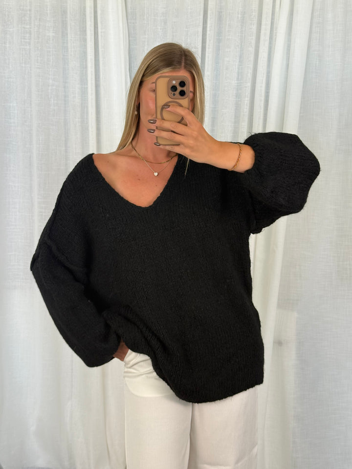 Pullover Fluffy Knit V - Schwarz