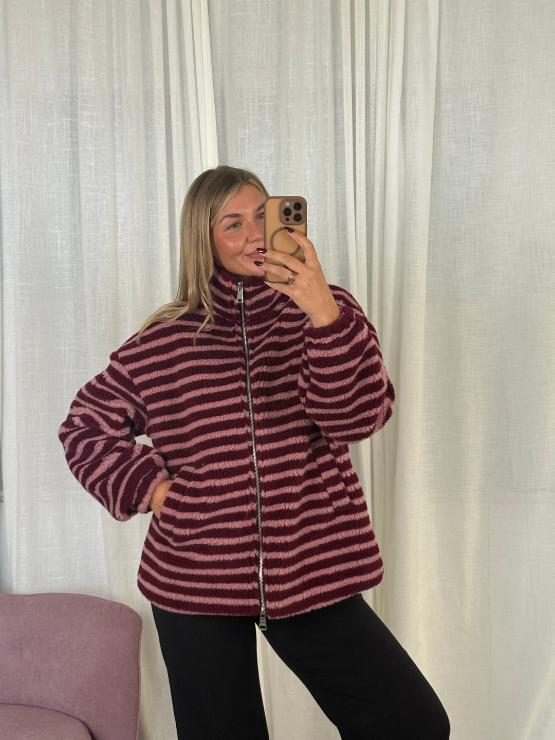Teddyjacke Streifchen mit Reißverschluss Burgundy/Rosa gestreift