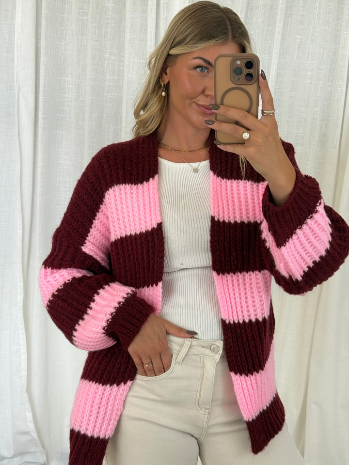 Streifen Cardigan - Pink/Burgundy