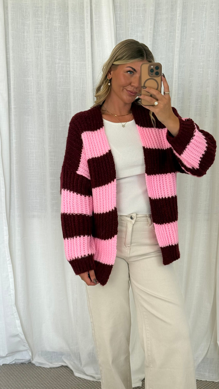 Streifen Cardigan - Pink/Burgundy