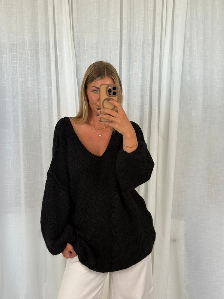 Pullover Fluffy Knit V - Schwarz