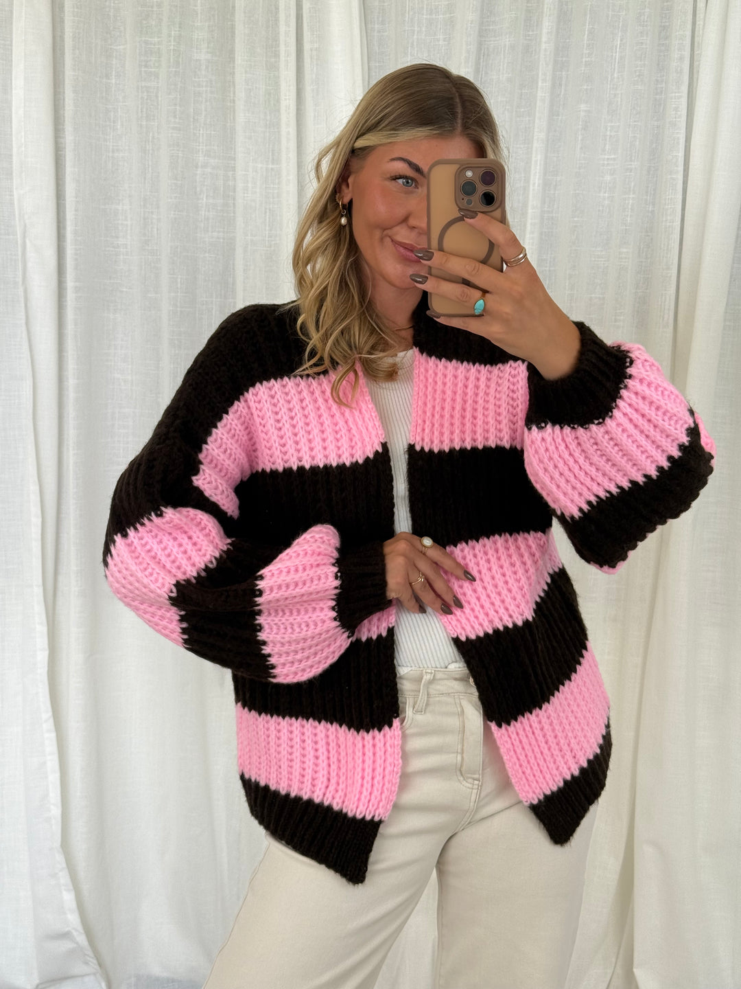 Streifen Cardigan - Pink/Braun