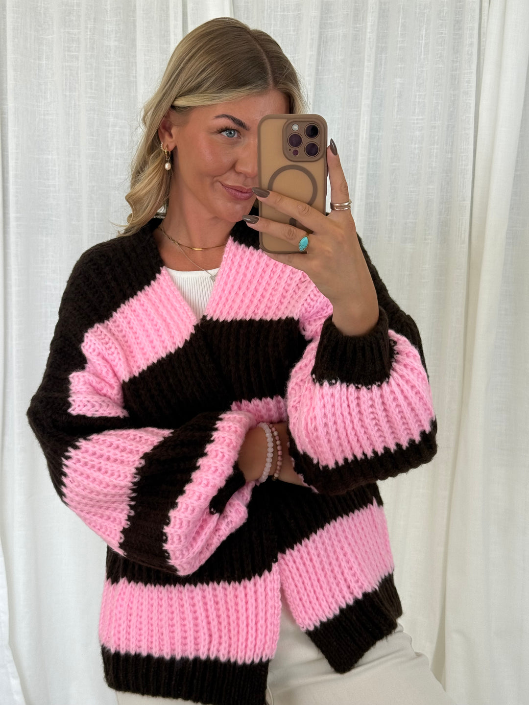 Streifen Cardigan - Pink/Braun