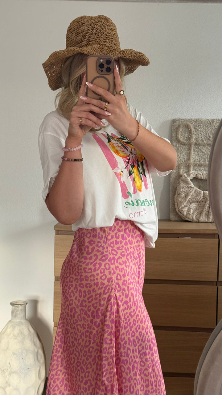 Rock in Satinoptik mit Leo-Print Pink