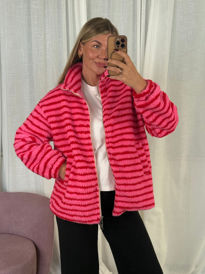 Teddyjacke Streifchen mit Reißverschluss pink/rot gestreift