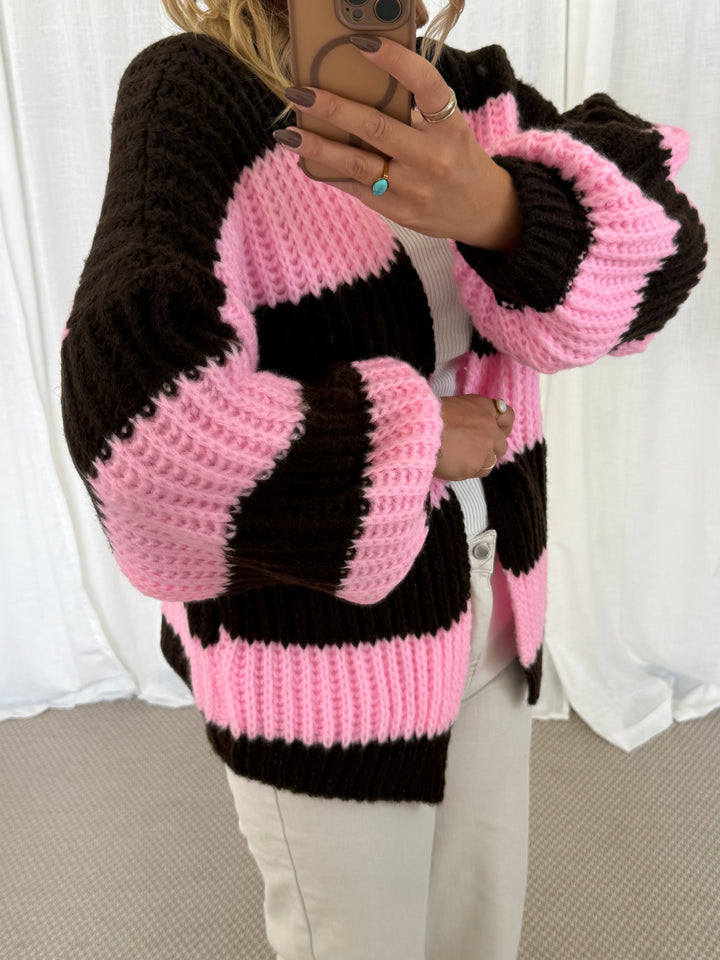 Streifen Cardigan - Pink/Braun