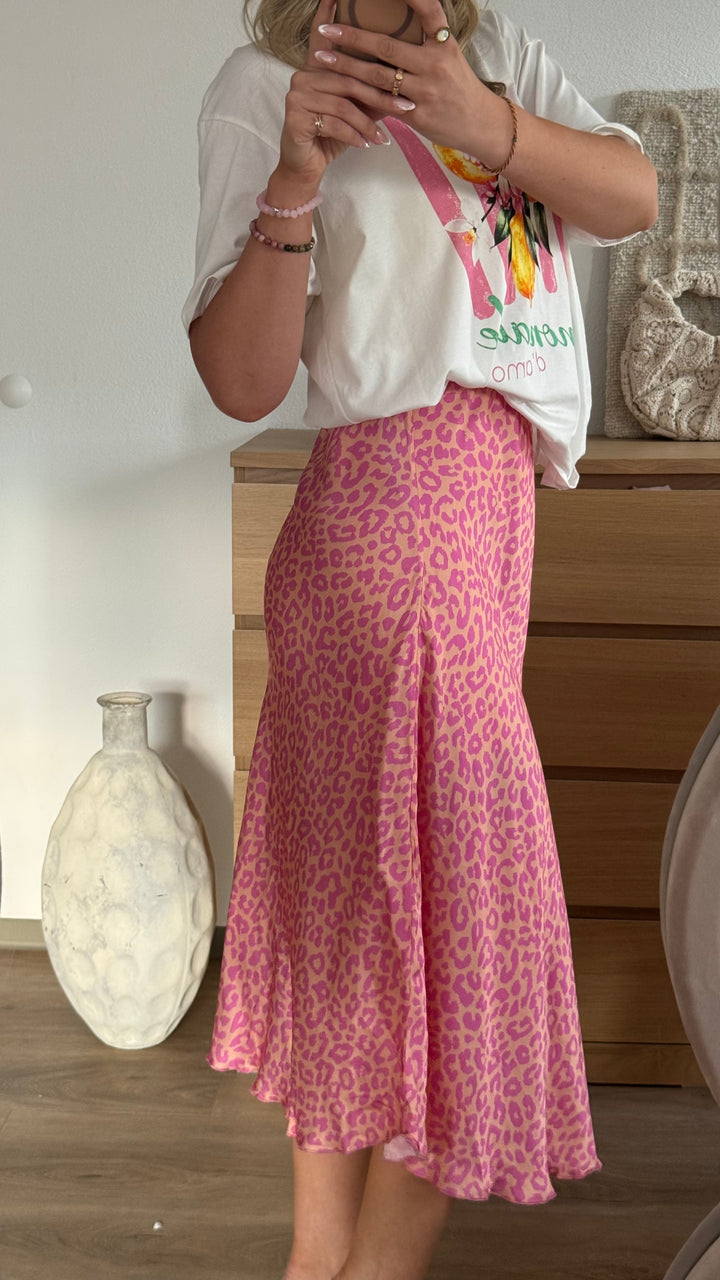 Rock in Satinoptik mit Leo-Print Pink