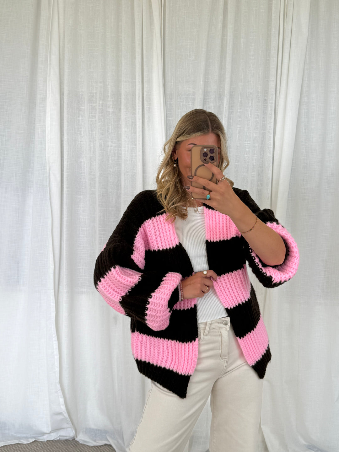 Streifen Cardigan - Pink/Braun