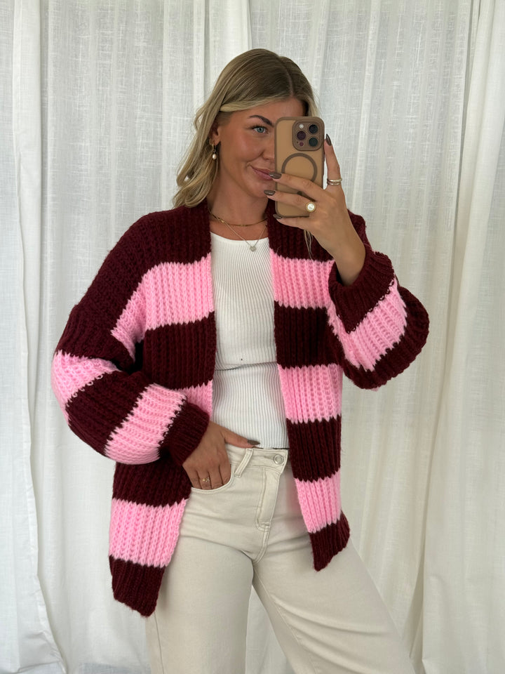 Streifen Cardigan - Pink/Burgundy