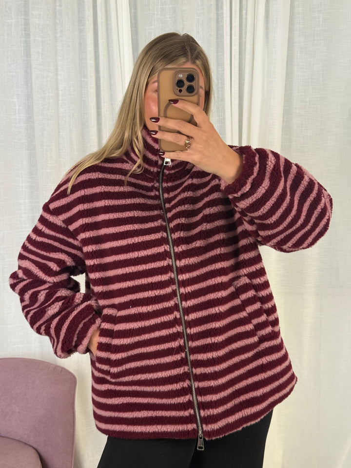 Teddyjacke Streifchen mit Reißverschluss Burgundy/Rosa gestreift