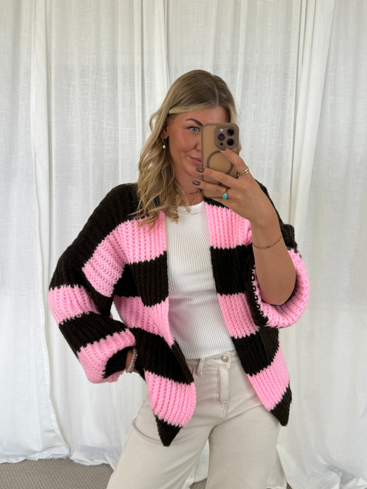 Streifen Cardigan - Pink/Braun