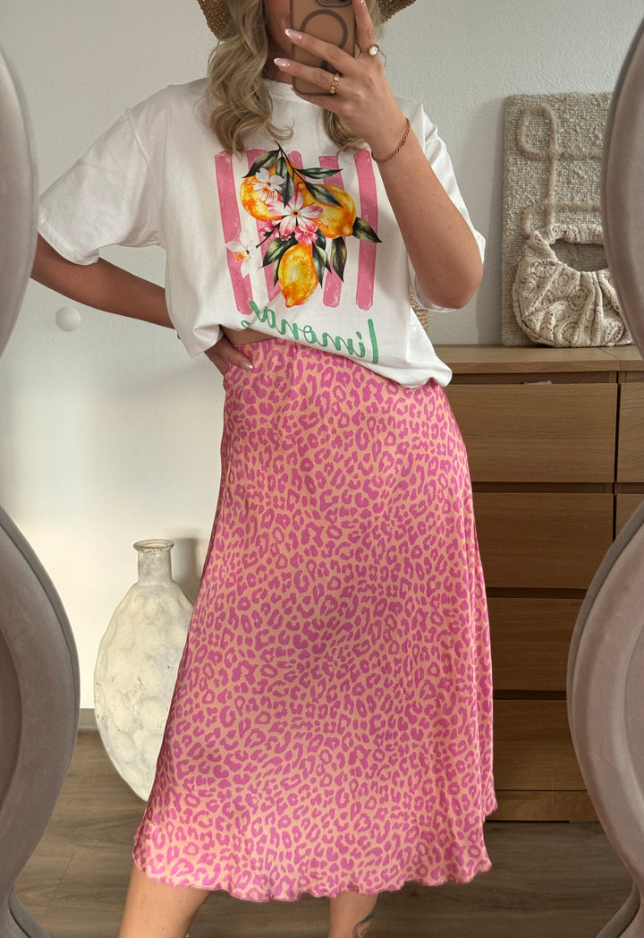 Rock in Satinoptik mit Leo-Print Pink