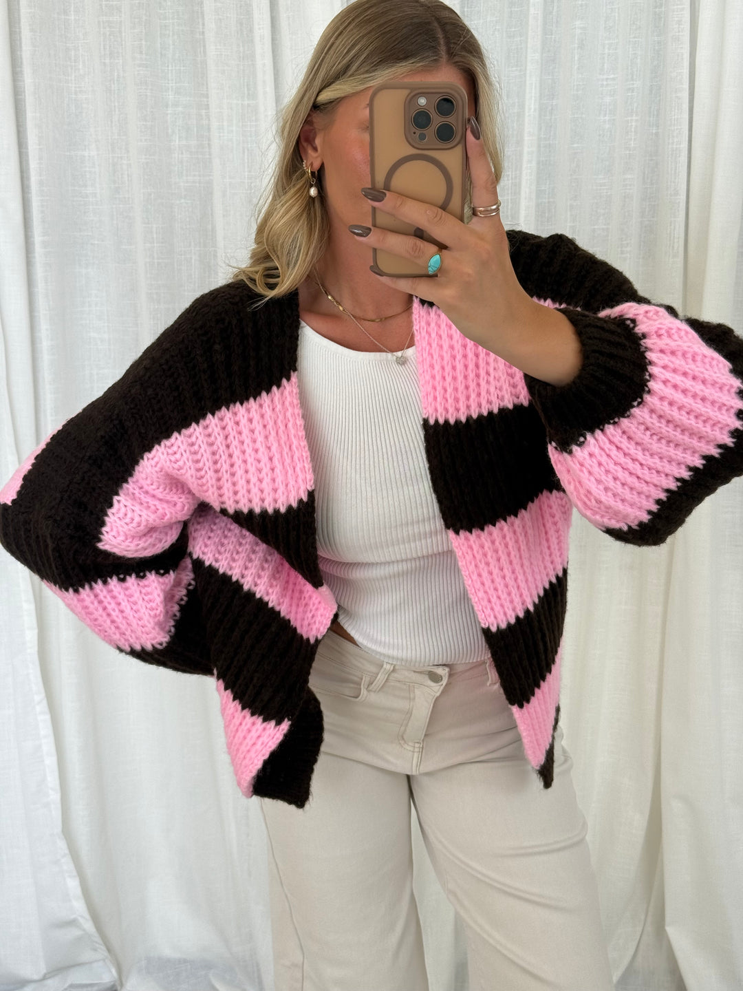 Streifen Cardigan - Pink/Braun