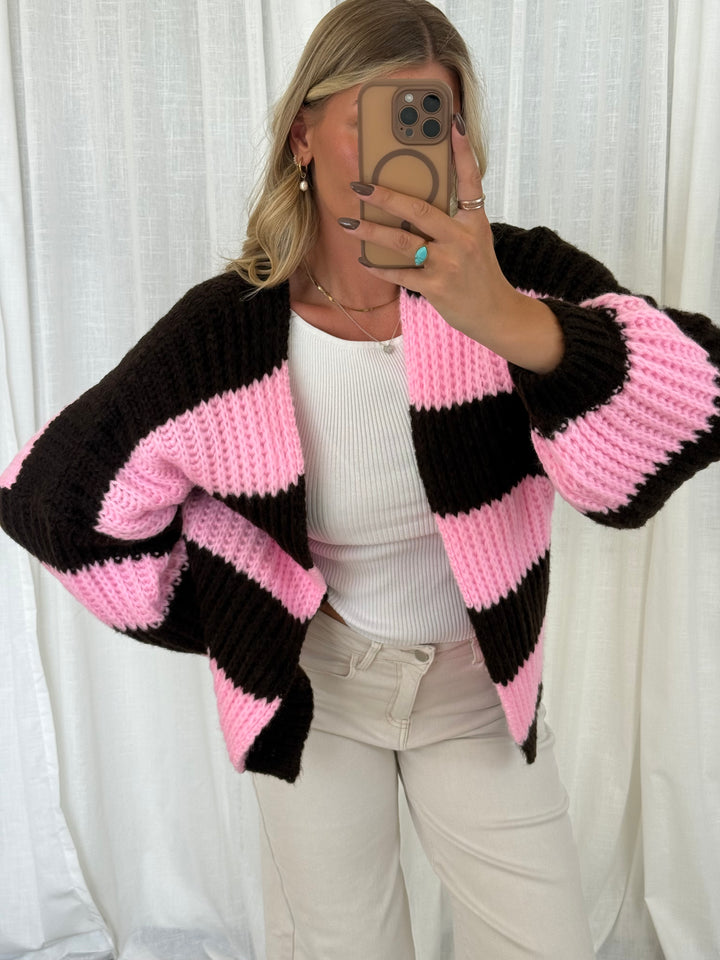Streifen Cardigan - Pink/Braun