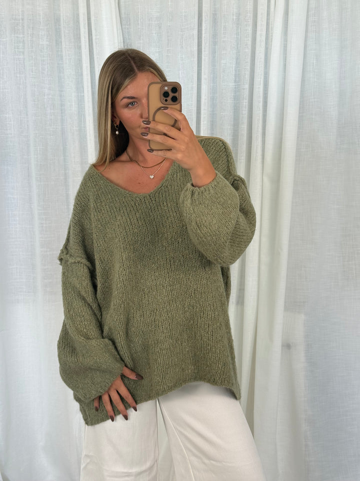 Pullover Fluffy Knit V - Khaki