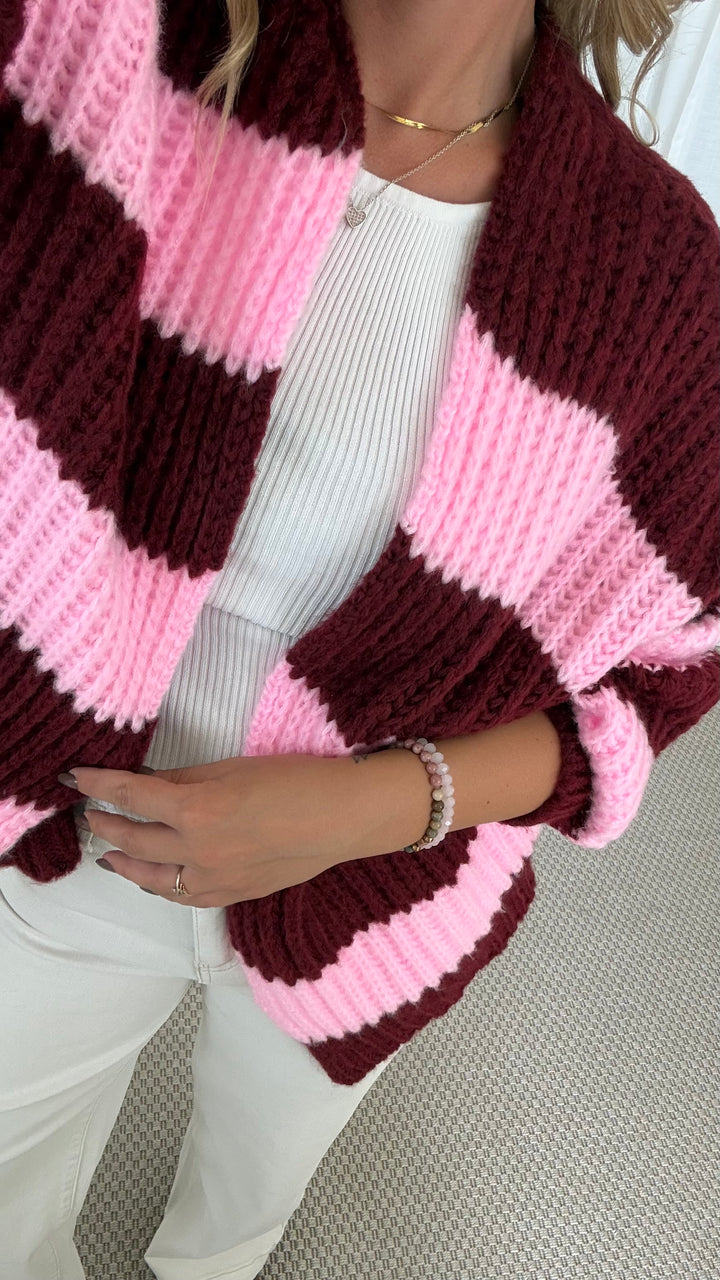 Streifen Cardigan - Pink/Burgundy