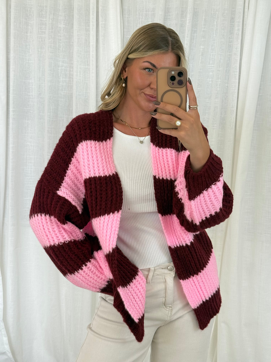 Streifen Cardigan - Pink/Burgundy