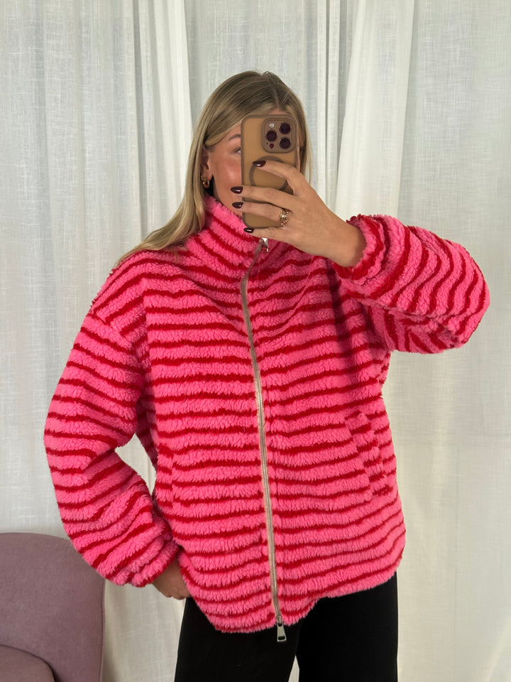 Teddyjacke Streifchen mit Reißverschluss pink/rot gestreift