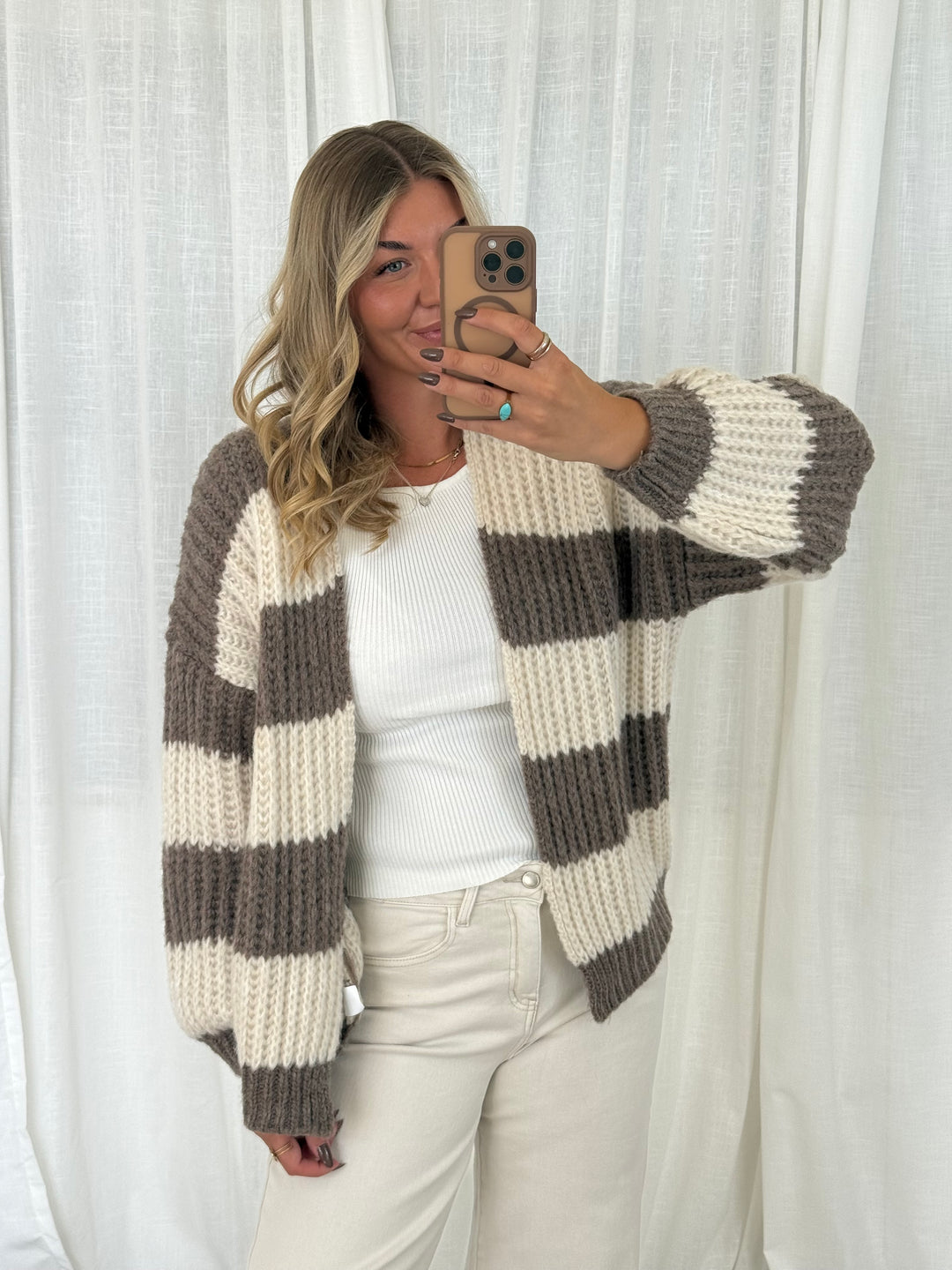 Streifen Cardigan - Taupe/Creme