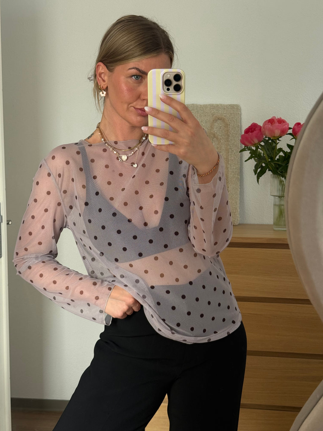 POLKA DOT MESH SHIRT - BEIGE