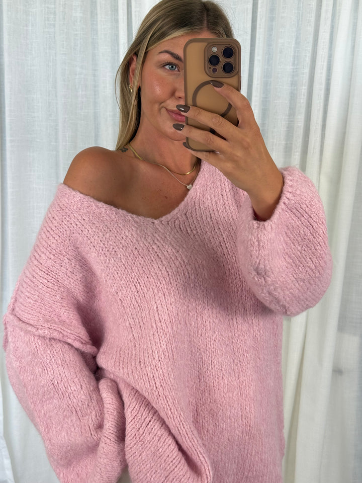 Pullover Fluffy Knit V - Rosa
