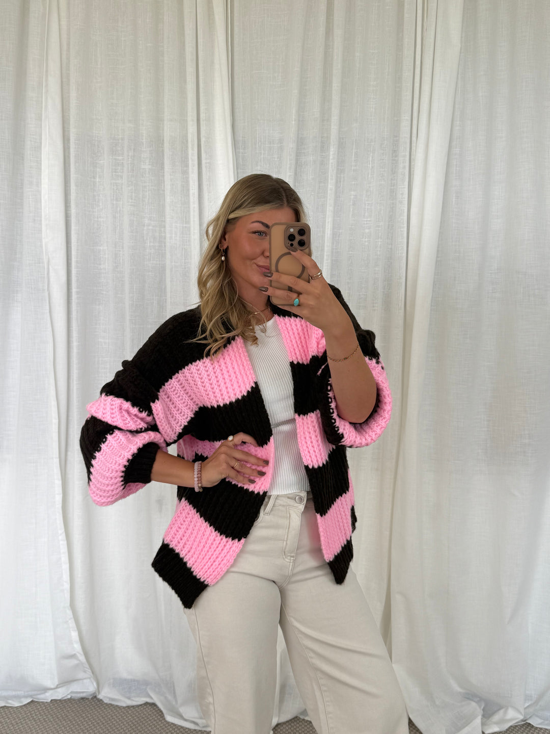 Streifen Cardigan - Pink/Braun