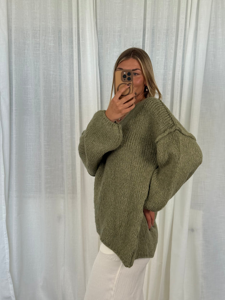 Pullover Fluffy Knit V - Khaki