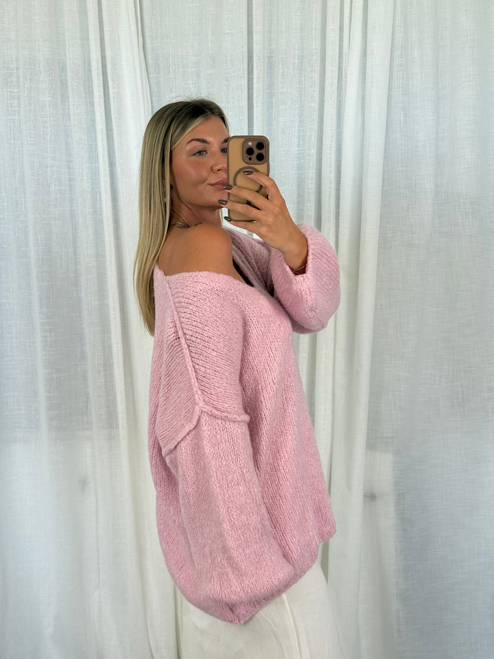 Pullover Fluffy Knit V - Rosa