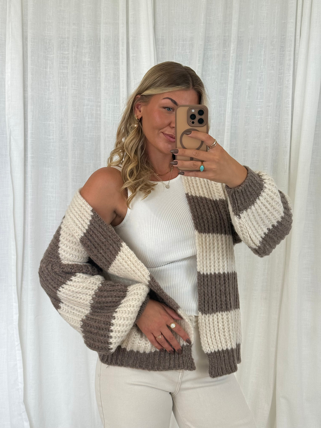 Streifen Cardigan - Taupe/Creme