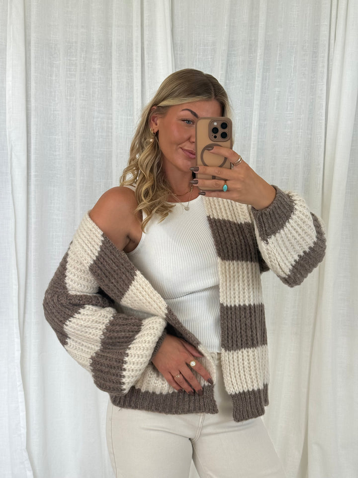 Streifen Cardigan - Taupe/Creme