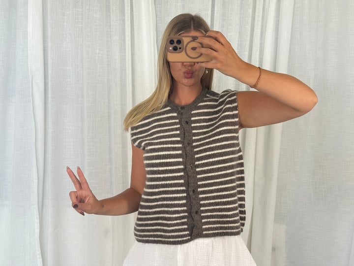 Striped Knit Vest - Taupe