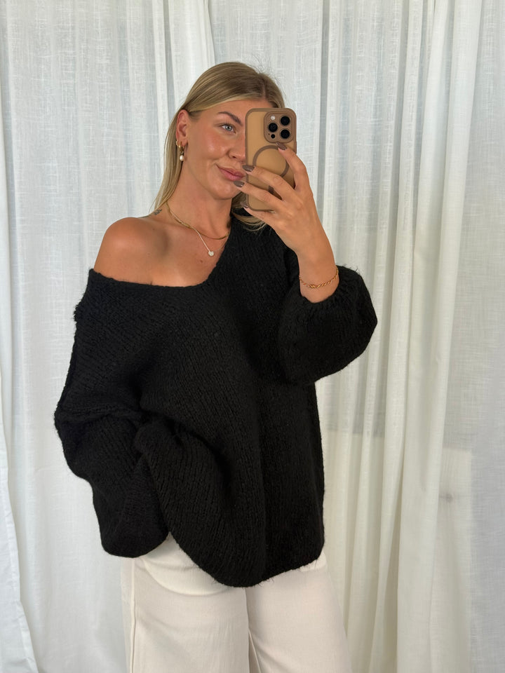 Pullover Fluffy Knit V - Schwarz