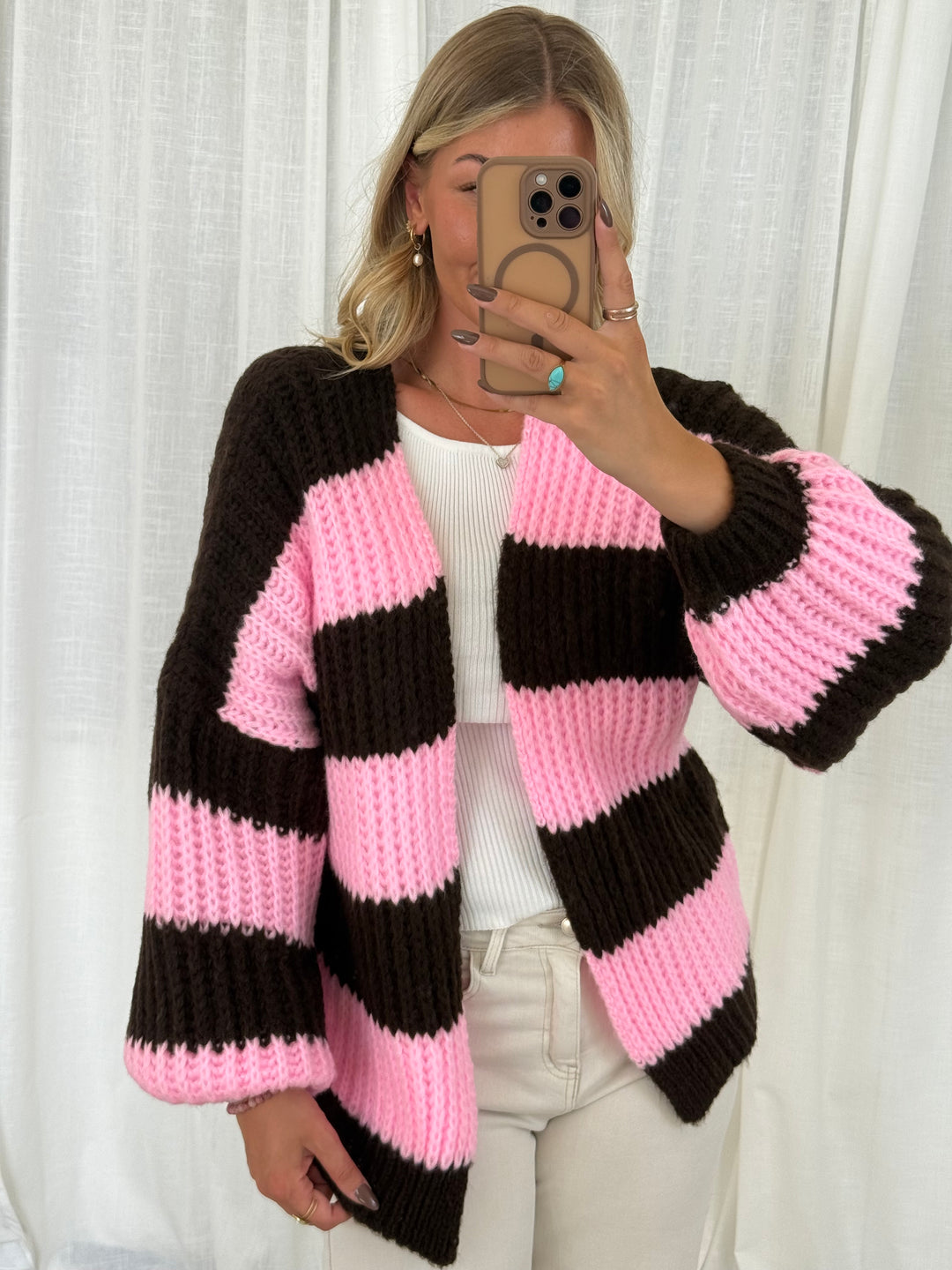 Streifen Cardigan - Pink/Braun